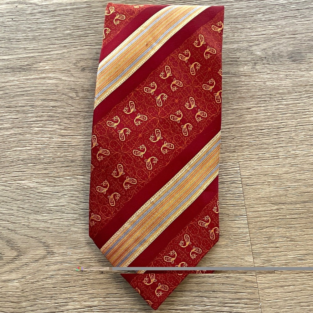 Daniel De Fasson Men's Silk Handmade Tie Red Gold Blue Striped Woven Logo